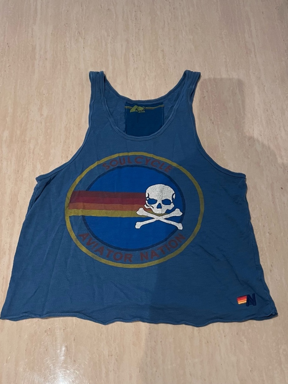 Aviator Nation X Soul Cycle Collab Blue Logo Graphic Skull Tank Top Size L RARE